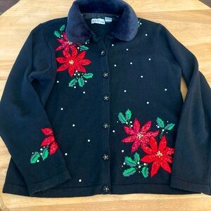 Vintage Women's Ponsietta Holiday Christmas Sweater Medium removesble collar fur
